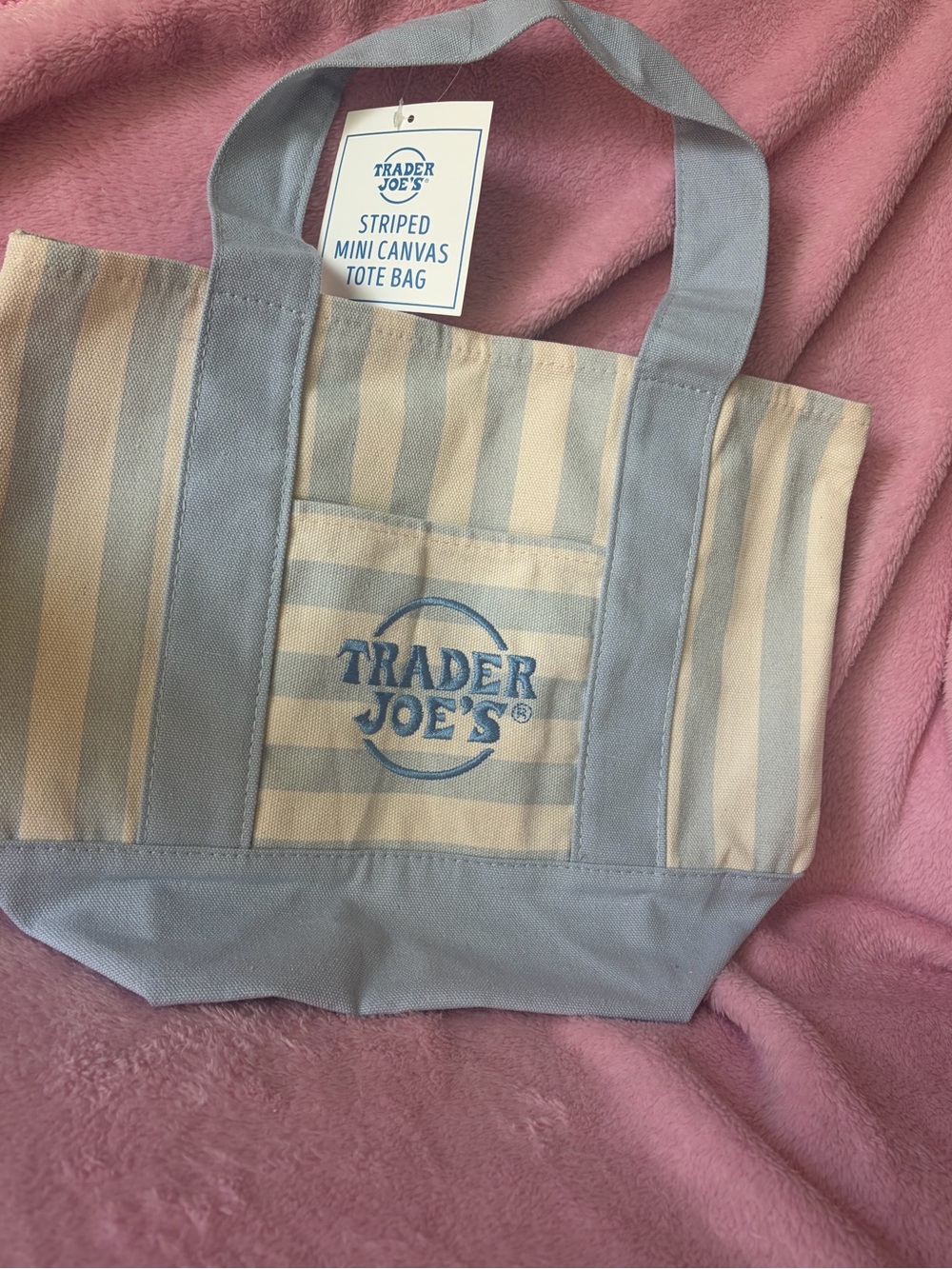 Trader Joe’s MINI Canvas Reusable Bag, with Off White or Tan, LIGHT BLUE STRIPES